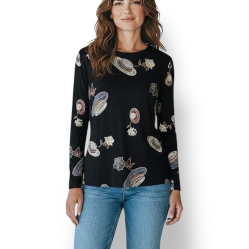 4/$20 Marshall Rousso Hat Print Long Sleeve Top Black Large